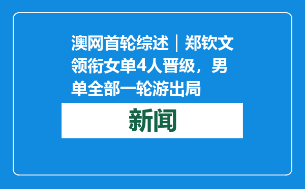 澳网首轮综述｜郑钦文领衔女单4人晋级，男单全部一轮游出局