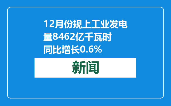 12月份规上工业发电量8462亿千瓦时 同比增长0.6%
