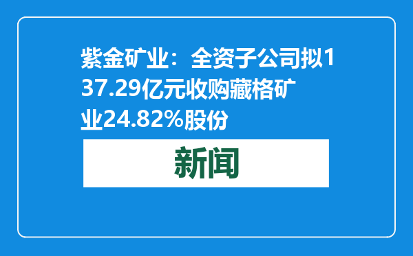 紫金矿业：全资子公司拟137.29亿元收购藏格矿业24.82%股份