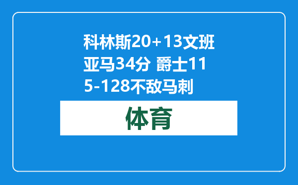 科林斯20+13文班亚马34分 爵士115-128不敌马刺