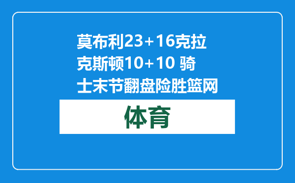 莫布利23+16克拉克斯顿10+10 骑士末节翻盘险胜篮网
