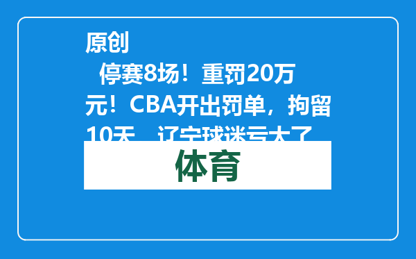 原创            停赛8场！重罚20万元！CBA开出罚单，拘留10天，辽宁球迷亏大了